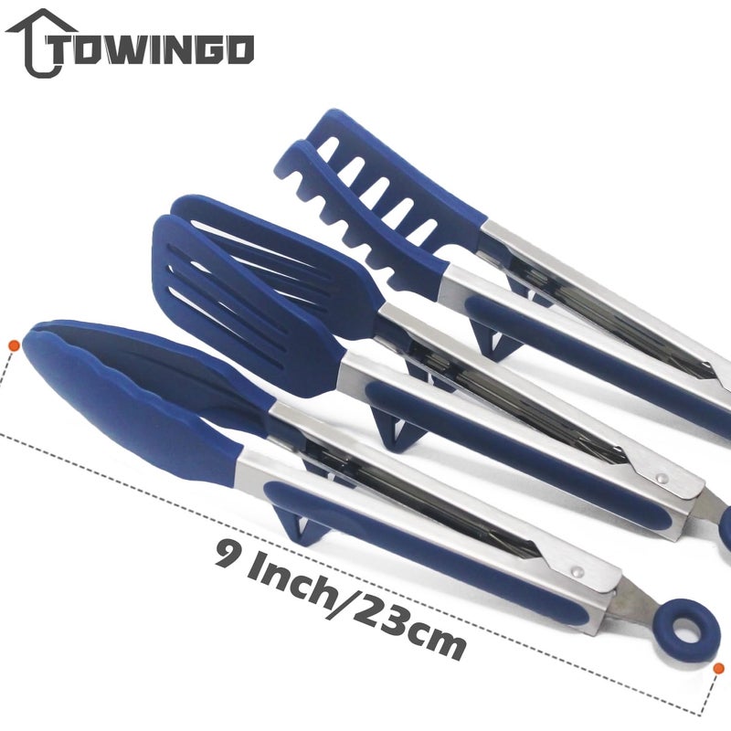 TOWINGO Kitchen Tongs, 9 Inch Tongs for Cooking with Silicone Tips, Food Grade Small Silicone Tong, Mini Serving Tong for Nonstick Pans, BBQ, Salad, Set of 3, Blue - Image 5